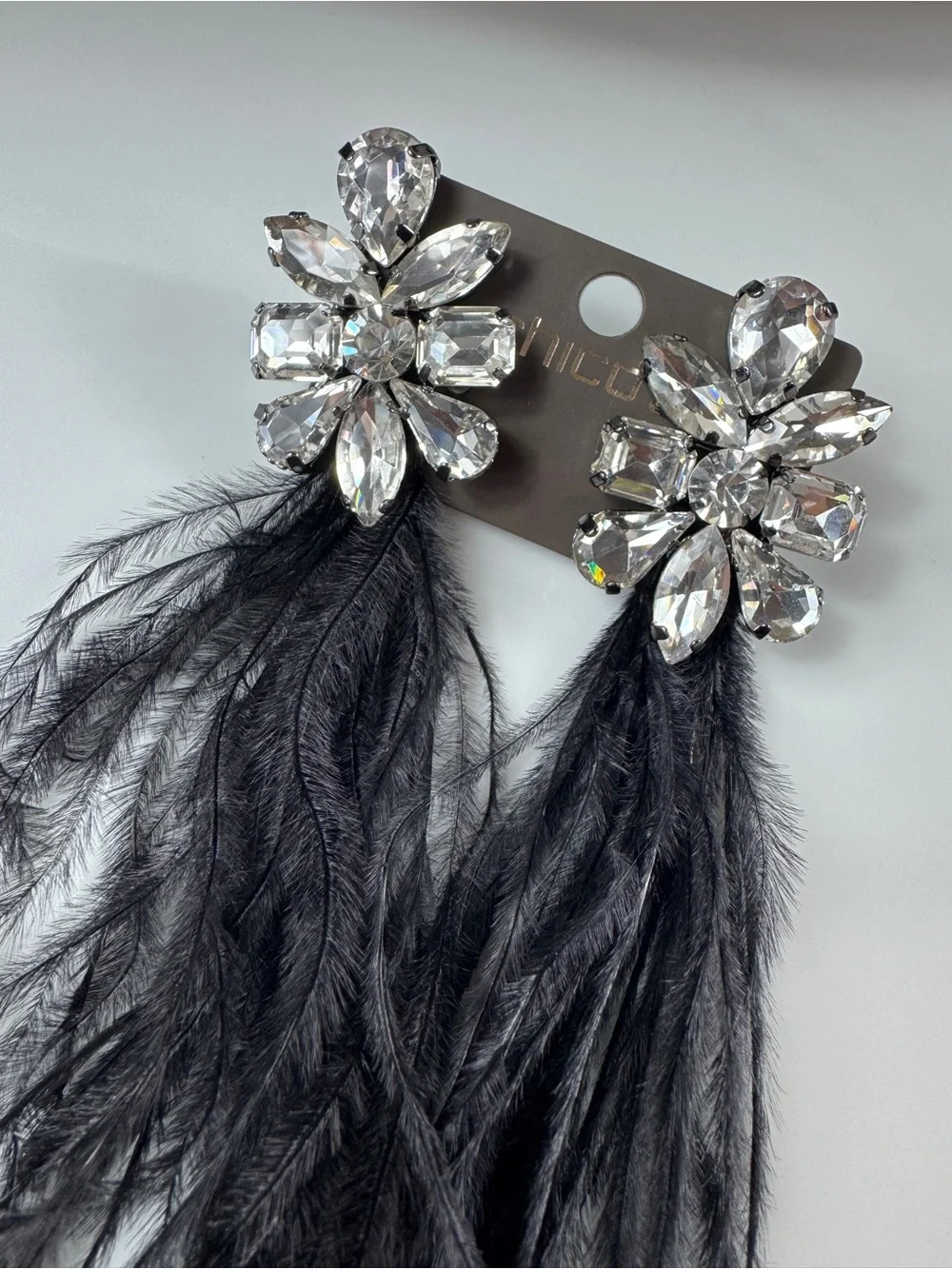 Chico's Crystal Flower Earrings with Black Feathers